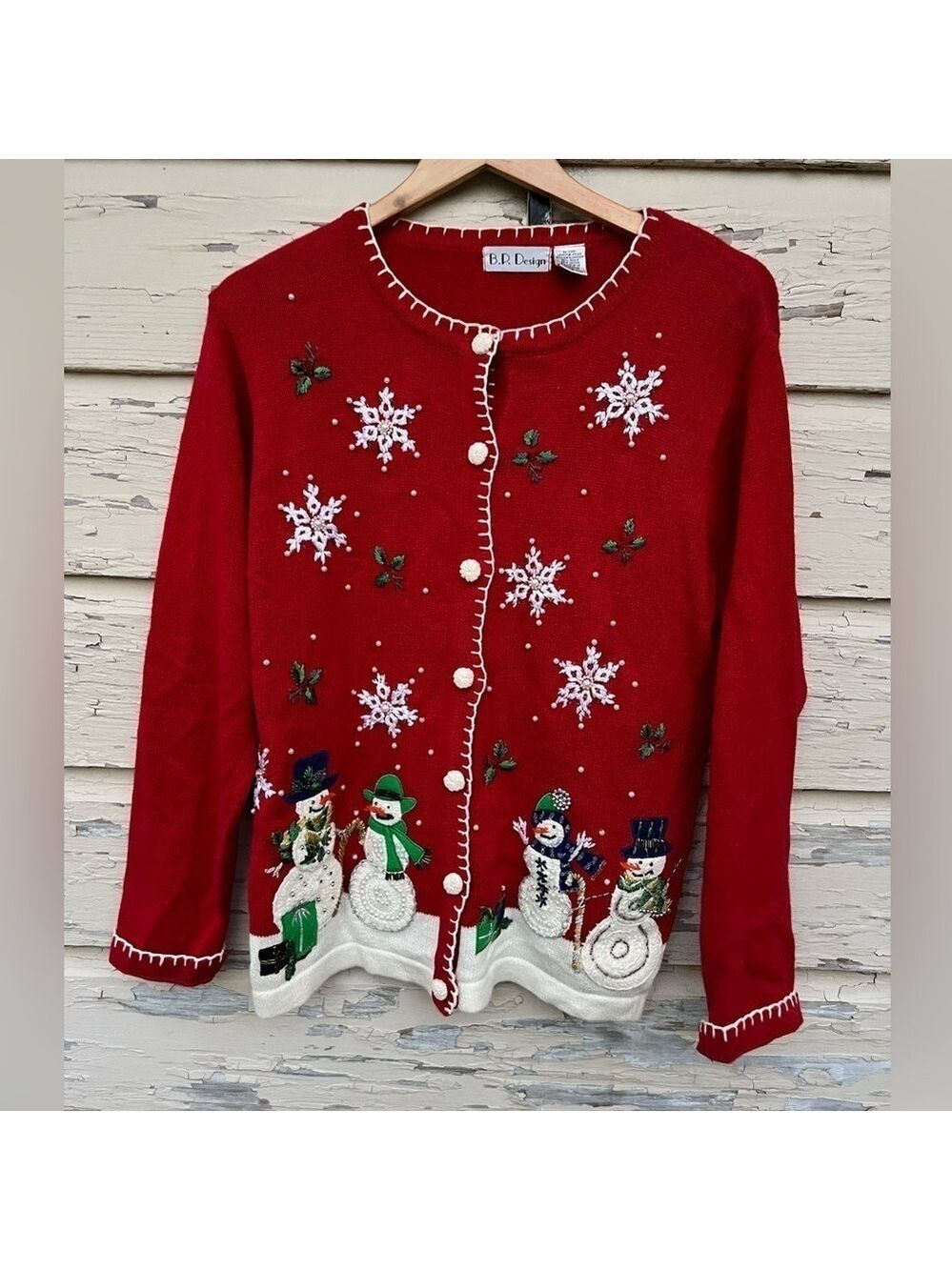 Vintage B.P. Design Ugly Christmas Snowman Snowflake Embroidery Cardigan Sweater